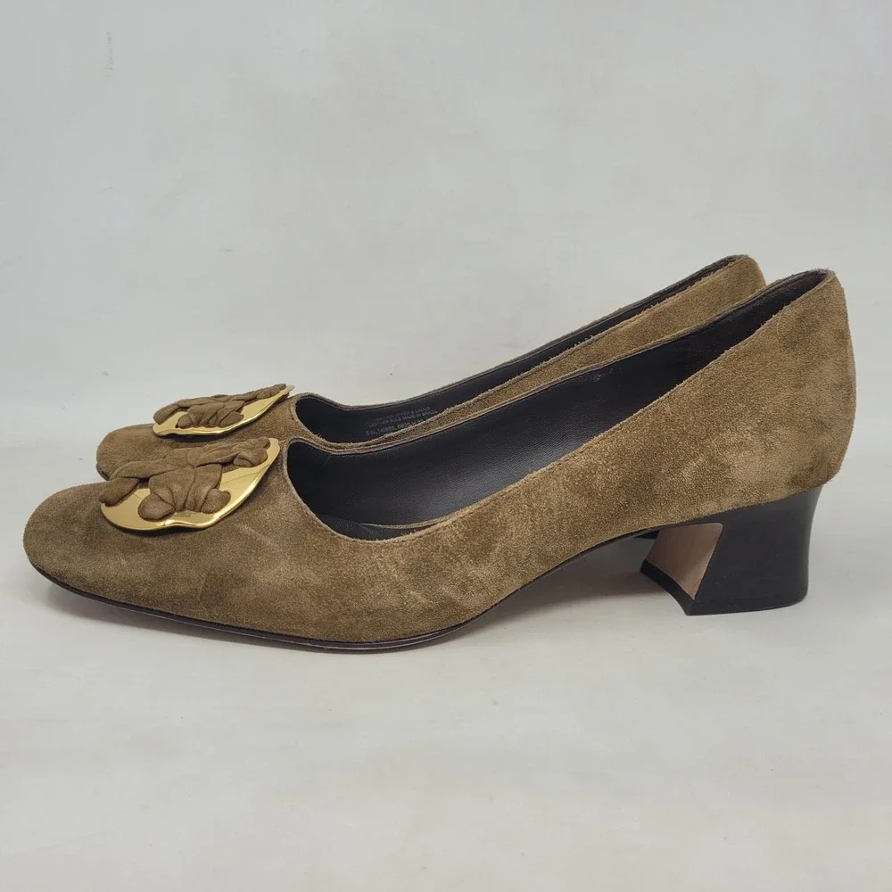 Tory Burch Heels 10M Brown Green Suede Medallion Pumps Block Heel Office Work